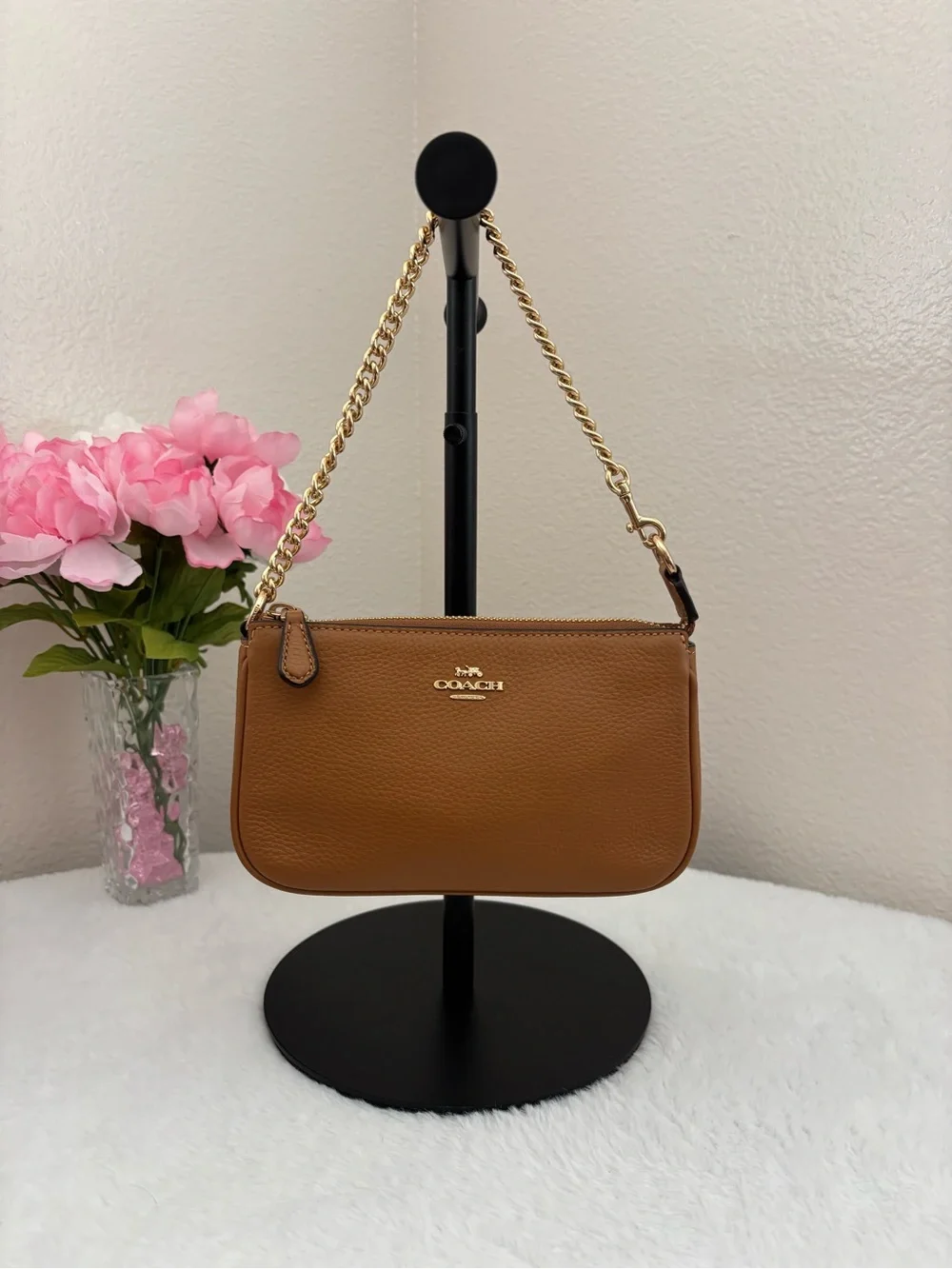 Coach Tan Leather Nolita 19 Wristlet with Gold Chain